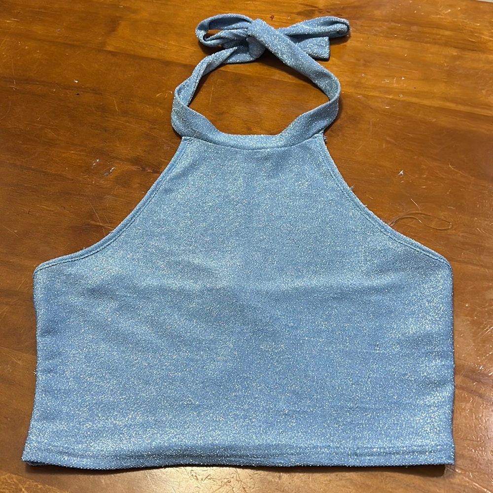 Blue sparkly crop halter top